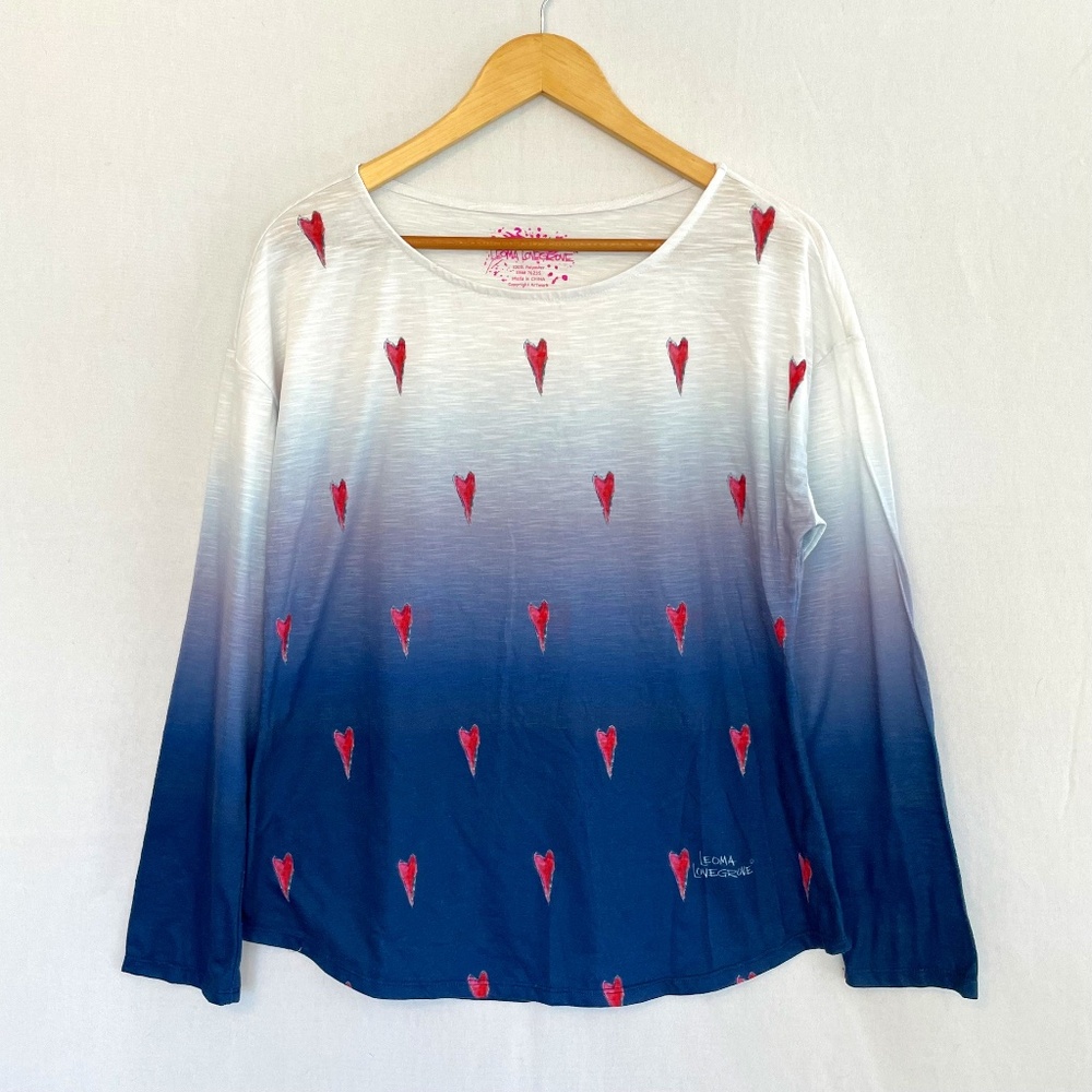 LEOMA LOVEGROVE Women's Large Red Hearts Blue & White Ombre Long Sleeve T-Shirt